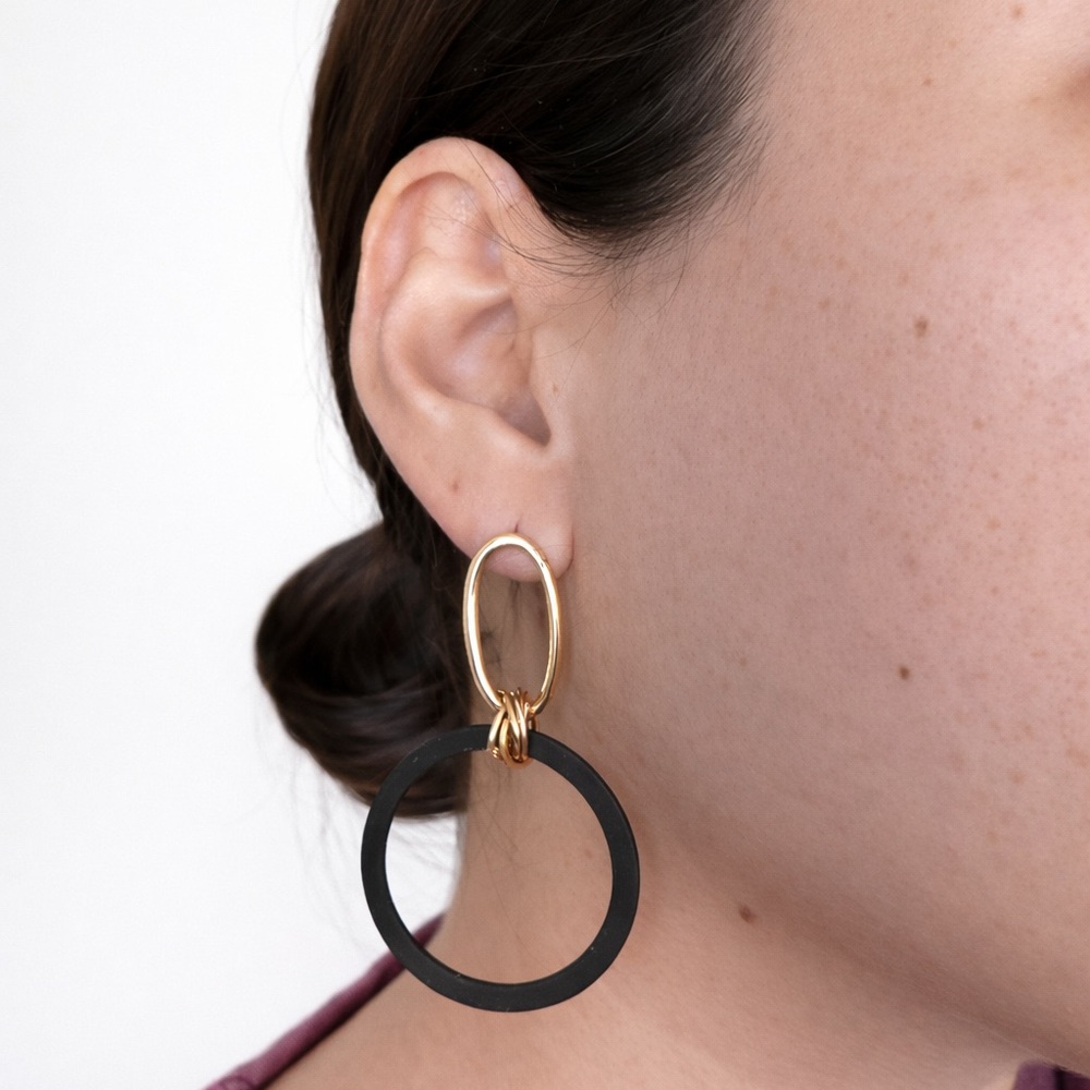 Gold & Black Geometric Drop Earrings Modern Minimalist